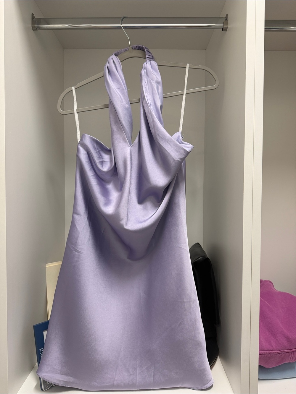 Cider Lavender Satin Halter Mini Dress